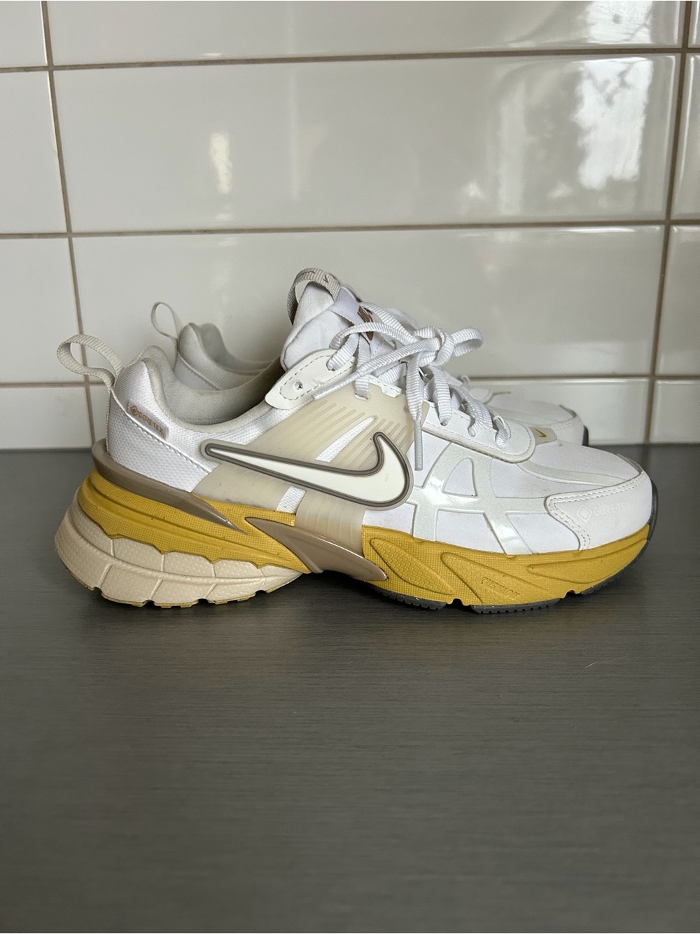 Nike V2K Run Gore Tex White and Mustard Yellow Athletic Sneakers